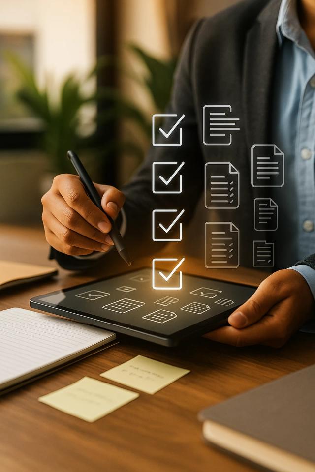 Interfaz de checklist jurídico digital sobre tablet en oficina legaltech
